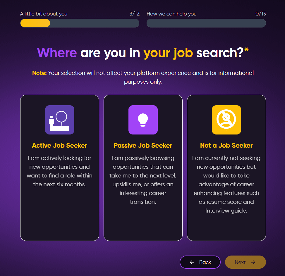 RoboApply onboarding screen asking "Where are you in your job search?" with three card options: Active Job Seeker, Passive Job Seeker, and Not a Job Seeker, alongside a two-section progress bar.
