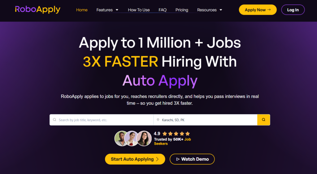 RoboApply homepage with the headline "Apply to 1 Million + Jobs 3X FASTER Hiring With Auto Apply," a job search bar pre-filled with Karachi SD PK, and a 4.9-star rating showing trust from 50K+ job seekers.
