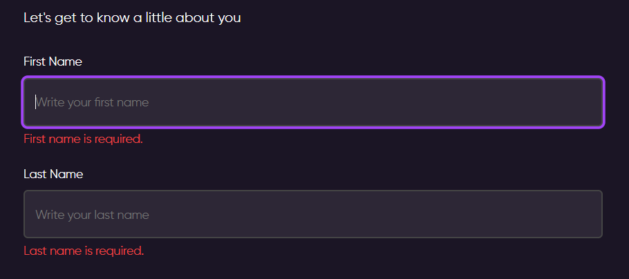 RoboApply onboarding screen with the prompt "Let's get to know a little about you" and required fields for first and last name, both showing validation errors.
