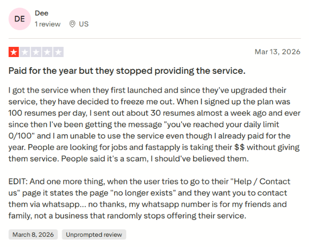 Two-star Trustpilot review by Dee describing being locked out of a paid annual plan after a daily limit bug, and being unable to reach support through the Help page.