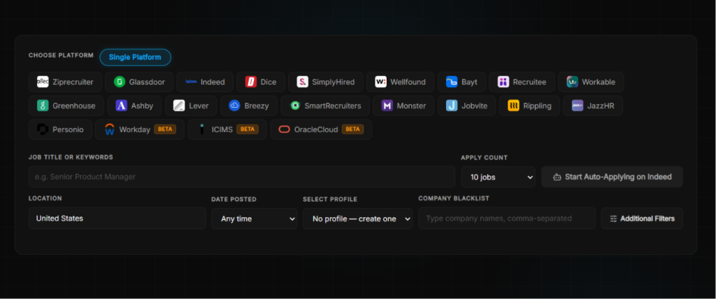 FastApply platform selection screen showing all supported job boards including Ziprecruiter, Glassdoor, Indeed, Dice, Greenhouse, Lever, Workday, and others, with fields for job title, location, apply count, and company blacklist.