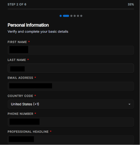 FastApply onboarding Step 2 of 6 — Personal Information screen with fields for first name, last name, email, country code, phone number, and professional headline.