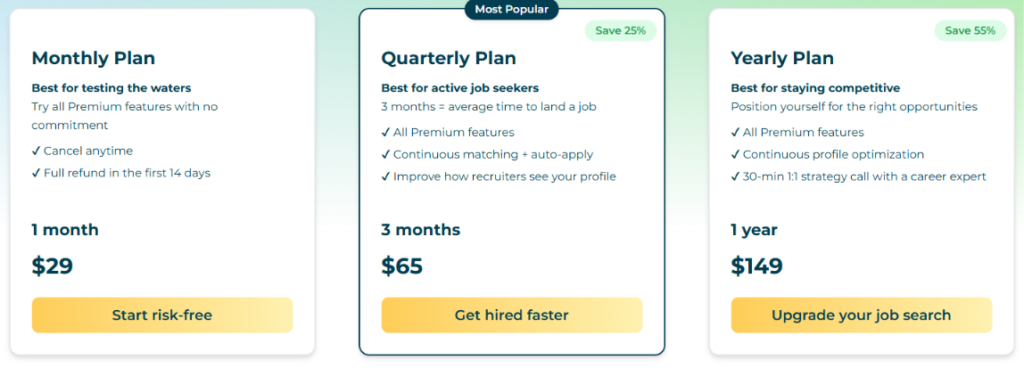 Jobgether pricing page showing three plans: Monthly at $29, Quarterly at $65 (most popular, saves 25%), and Yearly at $149 (saves 55%), each with a CTA button.