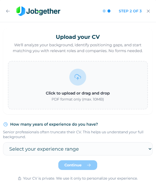 Jobgether onboarding step 2 of 3 prompting users to upload their CV in PDF format and select their years of experience range to personalize job matching.