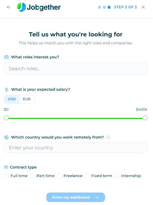 Jobgether onboarding step 3 of 3 asking users to enter their desired roles, expected salary range in USD or EUR, country for remote work, and contract type preferences.
