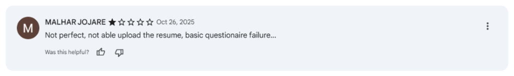 One-star Chrome Web Store review by Malhar Jojare stating FastApply couldn't upload a resume and failed basic questionnaire fields.