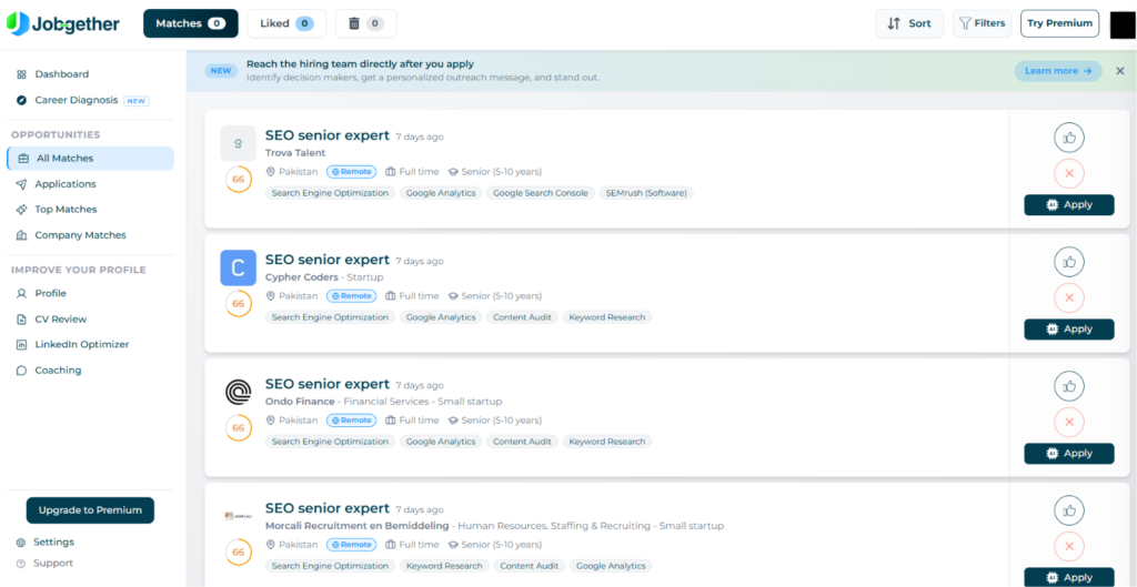 Jobgether matches dashboard showing four 'SEO Senior Expert' job listings, all remote, full-time, senior level, located in Pakistan, with a 66% match score each, from companies including Trova Talent, Cypher Coders, Ondo Finance, and Morcali Recruitment.