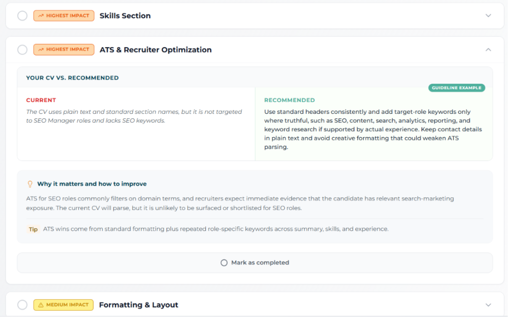 Jobgether CV review dashboard showing highest-impact recommendations for Skills Section and ATS & Recruiter Optimization, with a side-by-side current vs. recommended view for an SEO Manager CV.