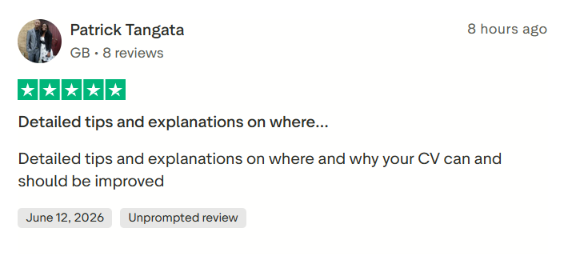 5-star Trustpilot review by Patrick Tangata from Great Britain, praising Jobgether for providing detailed tips and explanations on where and why a CV should be improved.