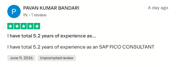 5-star Trustpilot review by Pavan Kumar Bandari from India, stating he has 5.2 years of experience as an SAP FICO Consultant.