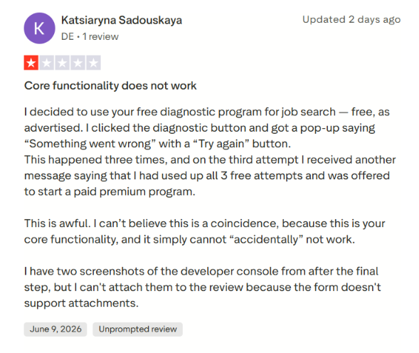 1-star Trustpilot review by Katsiaryna Sadouskaya from Germany, titled 'Core functionality does not work,' describing how Jobgether's free diagnostic tool repeatedly failed and then prompted her to buy a paid plan.