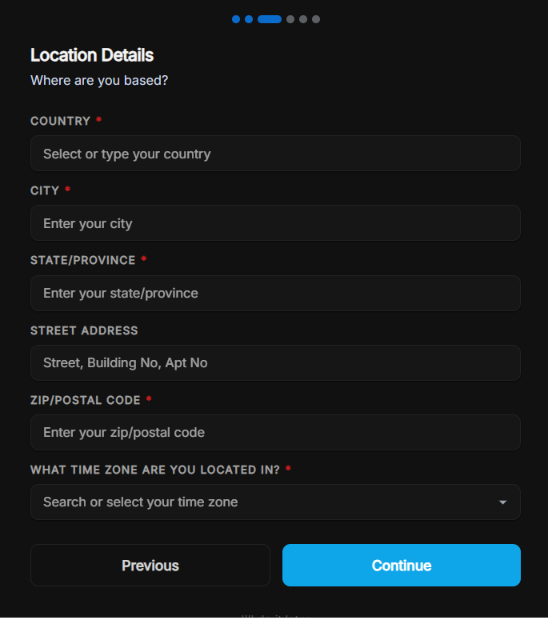 FastApply onboarding Step 3 of 6 — Location Details screen with fields for country, city, state/province, street address, zip code, and time zone.
