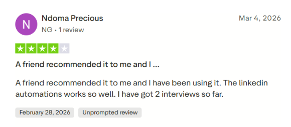 Four-star Trustpilot review by Ndoma Precious praising FastApply's LinkedIn automation and reporting two interviews secured.