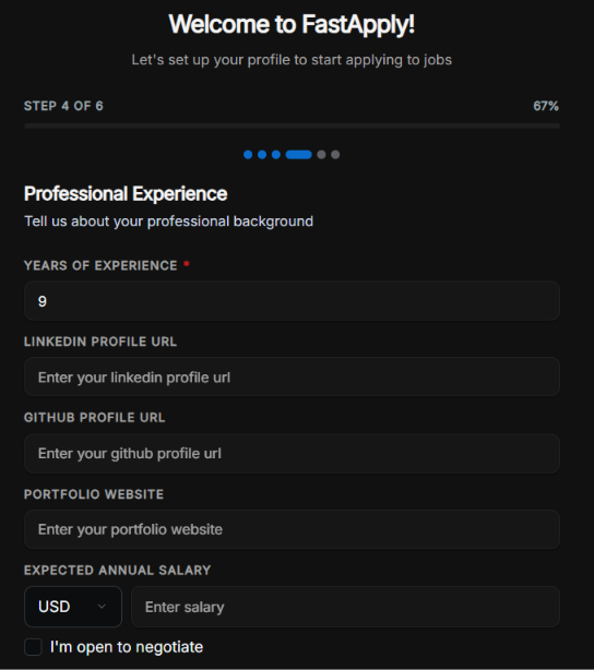 FastApply onboarding Step 4 of 6 — Professional Experience screen with fields for years of experience, LinkedIn and GitHub URLs, portfolio website, and expected annual salary.