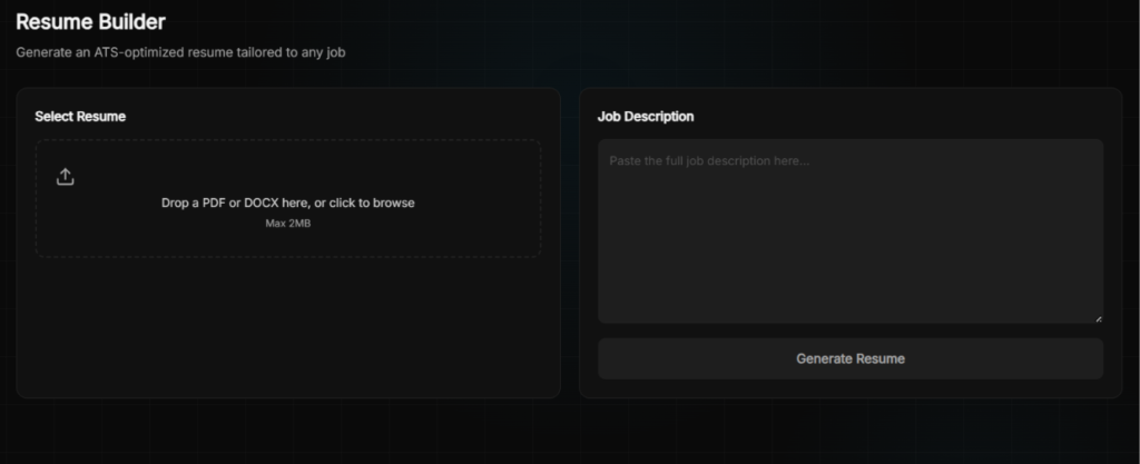 FastApply Resume Builder screen with two panels: a file upload area on the left and a job description text field on the right, with a Generate Resume button.