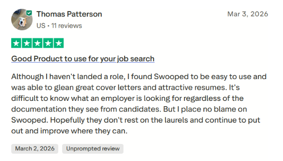 Five-star Swooped review from Thomas Patterson dated Mar 3, 2026, calling it easy to use for generating good cover letters and resumes despite not landing a role.