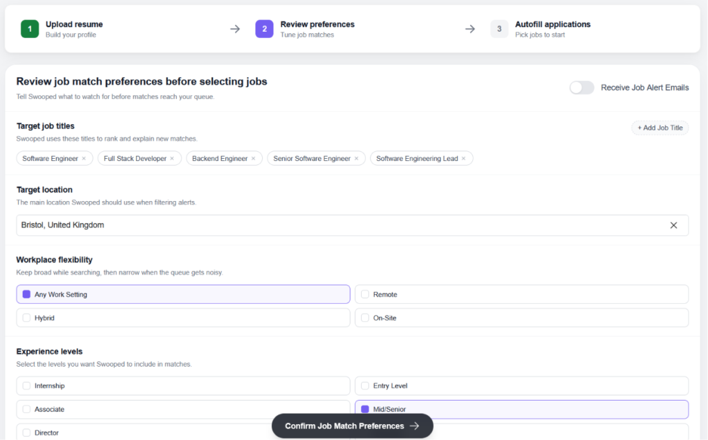 Swooped first-run setup step two, reviewing job match preferences including target job titles, target location of Bristol UK, workplace flexibility, and experience levels.