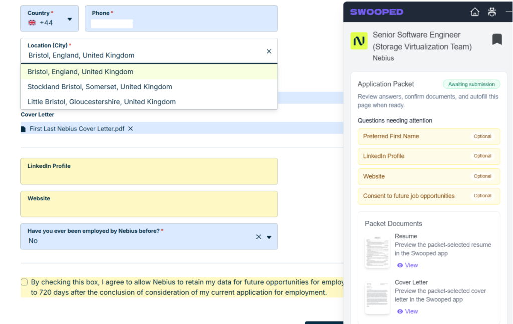 Swooped Chrome extension panel for a Nebius role showing a ready application packet with resume and cover letter previews, plus Autofill Application and View Packet buttons.
