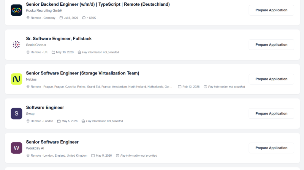 Swooped job list showing five remote software engineering roles from companies including Kooku Recruiting, SocialChorus, Nebius, Swap, and Weekday AI, each with a Prepare Application button.