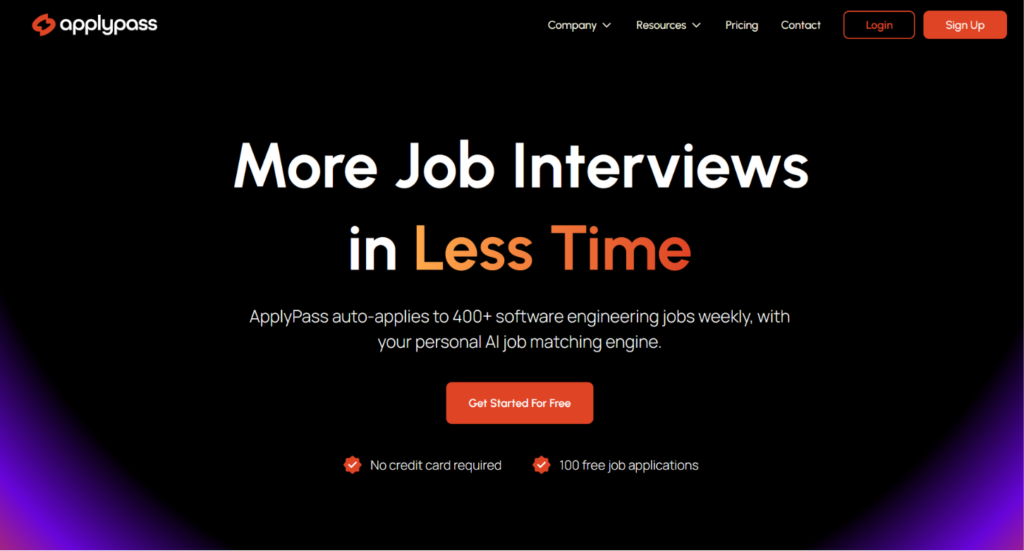 ApplyPass homepage with a dark background and the headline "More Job Interviews in Less Time," a subheading noting it auto-applies to 400+ software engineering jobs weekly with an AI matching engine, a Get Started For Free button, and badges for no credit card required and 100 free job applications.