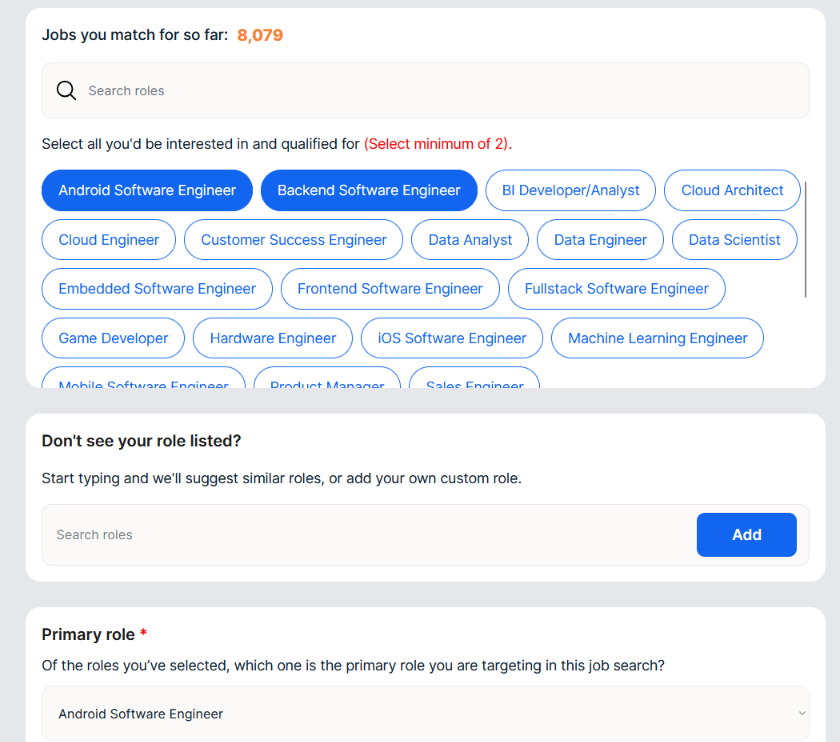 ApplyPass onboarding role selection screen showing 8,079 matched jobs, a grid of engineering role tags with Android and Backend Software Engineer selected, a field to add custom roles, and a primary role dropdown set to Android Software Engineer.