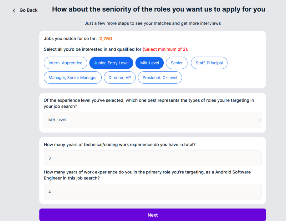 ApplyPass onboarding seniority step showing 2,750 matched jobs, seniority tags with Junior/Entry Level and Mid-Level selected, a dropdown set to Mid-Level, and fields for total coding experience and years in the targeted Android Software Engineer role.