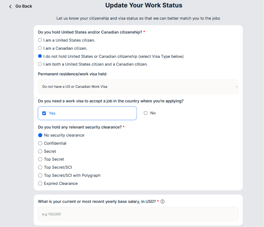 ApplyPass onboarding "Update Your Work Status" step asking about US/Canadian citizenship, work visa needs, security clearance level, and current yearly base salary in USD, with non-citizen and no-clearance options selected.