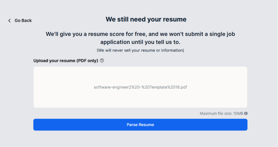 ApplyPass resume upload step titled "We still need your resume," promising a free resume score with no job submissions until authorized, showing an uploaded PDF, a 10MB size limit, and a Parse Resume button.