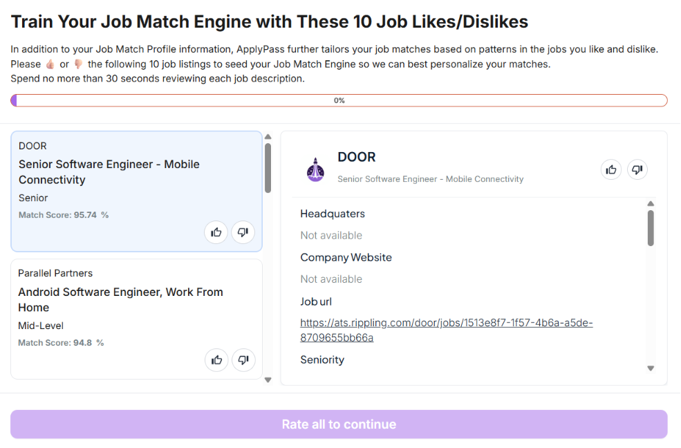 ApplyPass onboarding screen prompting the user to like or dislike 10 job listings within 30 seconds each to train the match engine, showing a DOOR senior engineer role with its details and a progress bar at 0%.
