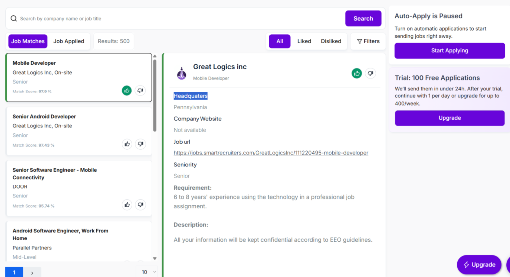 ApplyPass job matches dashboard with auto-apply paused, listing 500 matched roles on the left and a Great Logics mobile developer job description on the right showing headquarters, job URL, seniority, and requirements, alongside a Start Applying button and trial banner.