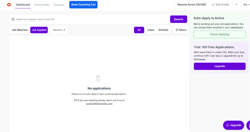 ApplyPass dashboard with auto-apply active but the Job Applied tab showing zero results and a "No applications" message prompting the user to turn on auto-apply, alongside a 35/100 resume score and a trial banner offering 100 free applications.