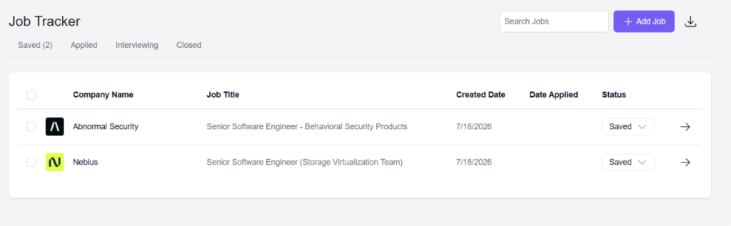Swooped Job Tracker table listing two saved applications, Abnormal Security and Nebius, with columns for company, job title, created date, date applied, and status.