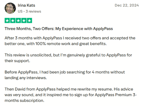Five-star ApplyPass review from Irina Kats (US) dated Dec 22, 2024, describing two job offers after three months, and crediting a team member named David with rewriting her resume.