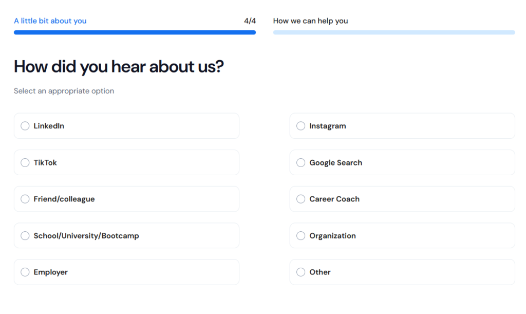 Careerflow onboarding step 4 of 4, "How did you hear about us," with options including LinkedIn, Instagram, TikTok, Google Search, friend, career coach, and employer.