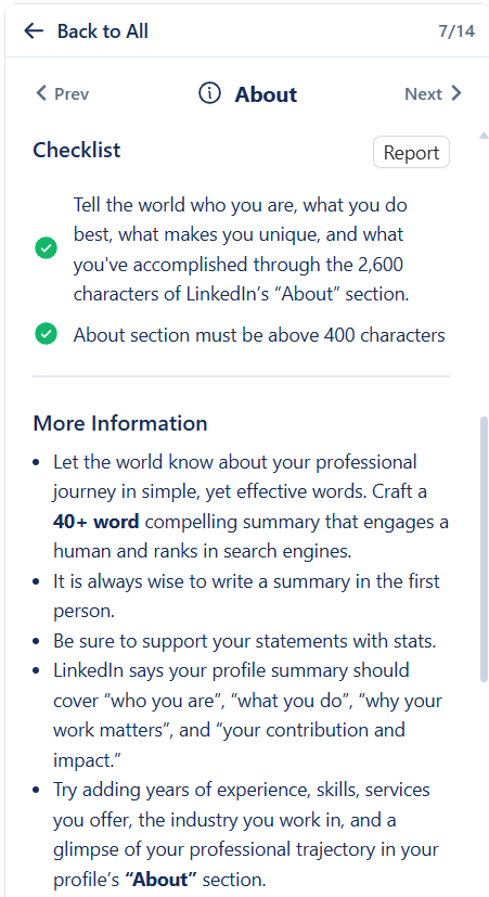 Careerflow LinkedIn About section checklist showing step 7 of 14, with guidance on writing a compelling summary above 400 characters and tips on structure and content.