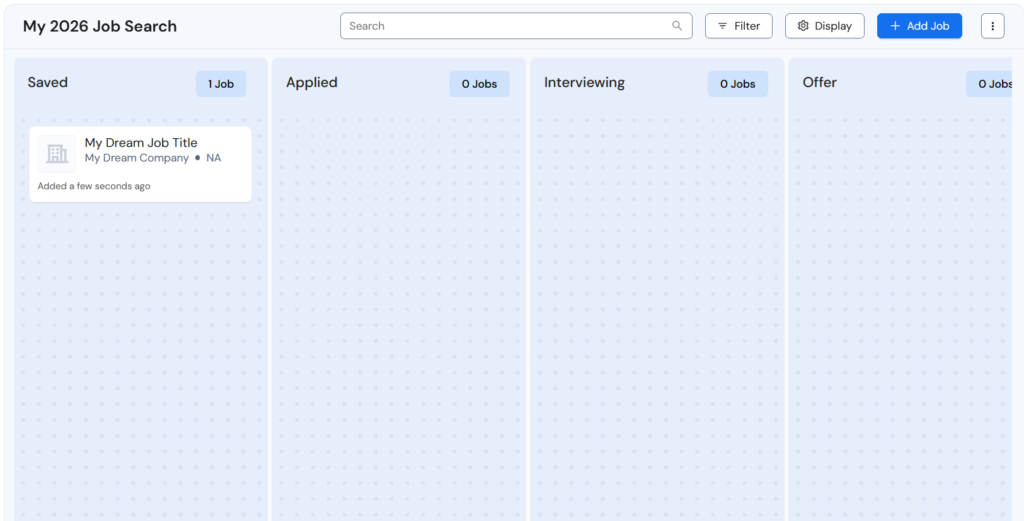 Careerflow "My 2026 Job Search" job tracker board with Saved, Applied, Interviewing, and Offer columns, showing one saved job and the rest empty.
