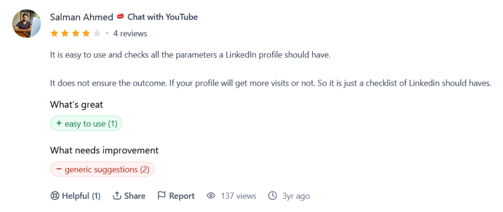 Four-star Careerflow review from Salman Ahmed saying the LinkedIn tool is easy to use and checks all the right parameters, but works only as a checklist and doesn't guarantee more profile visits.