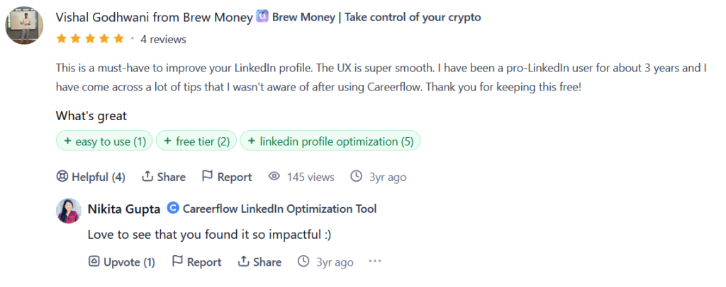 Five-star Careerflow review from Vishal Godhwani praising the LinkedIn profile tool's smooth UX and useful tips, with a reply from a Careerflow team member thanking him.