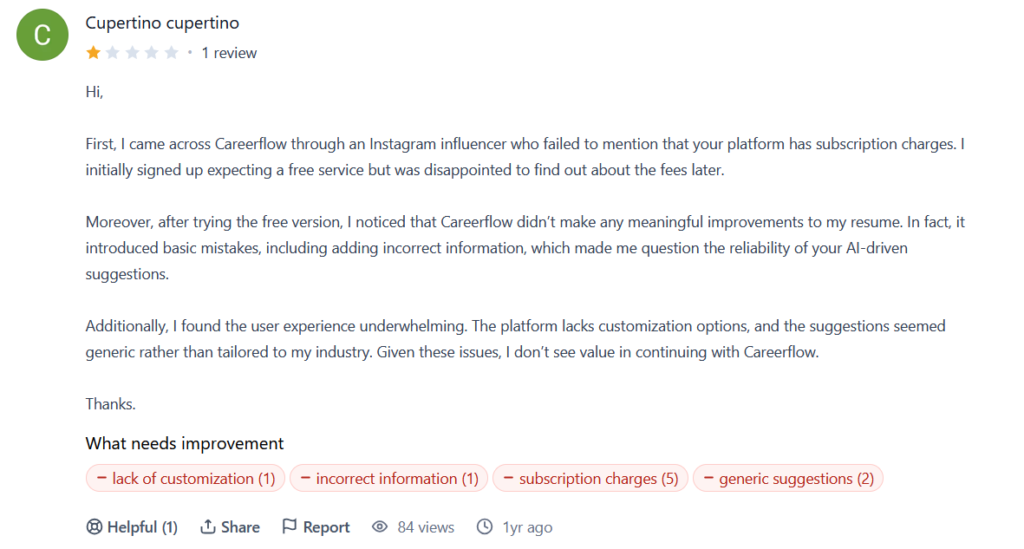 One-star Careerflow review from Cupertino cupertino saying an Instagram influencer failed to mention subscription charges, and that the free version added incorrect information and gave generic suggestions.