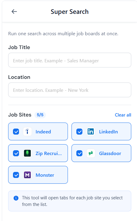 Careerflow Super Search panel for running one search across multiple job boards, with job title and location fields and checkboxes for Indeed, LinkedIn, ZipRecruiter, Glassdoor, and Monster.