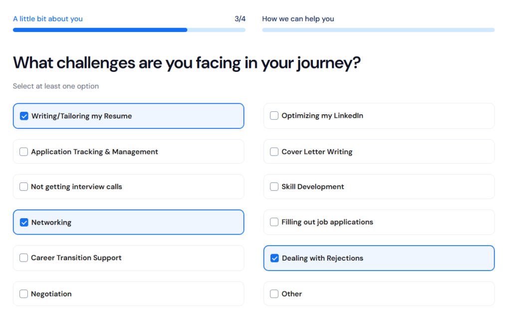 Careerflow onboarding step 3 of 4 asking what challenges the user faces, with resume writing, networking, and dealing with rejections selected from a checklist.