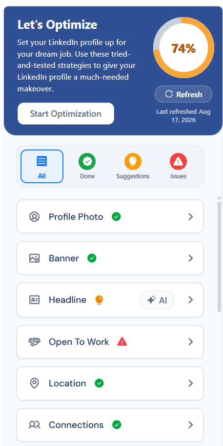 Careerflow LinkedIn profile optimizer showing a 74% optimization score, a Start Optimization button, and a checklist of profile sections like photo, banner, headline, and open to work with status icons.