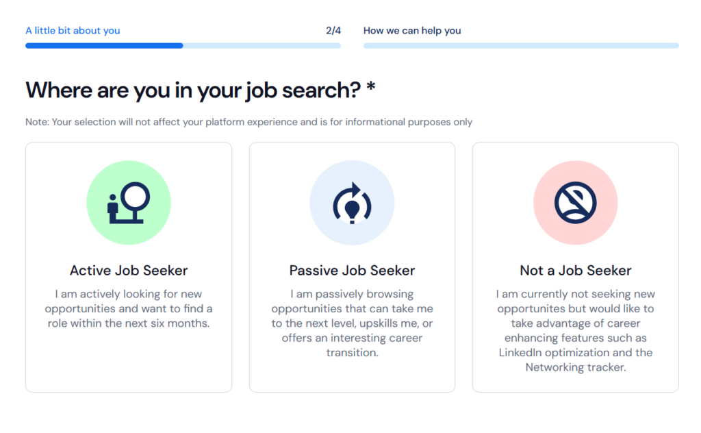 Careerflow onboarding step 2 of 4 asking where the user is in their job search, with cards for active, passive, and not a job seeker.