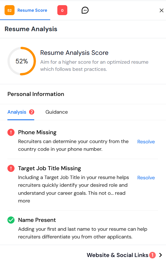 Careerflow resume analysis panel showing a 52% score with flagged issues like missing phone and target job title, each with a Resolve link, and a confirmation that the name is present.