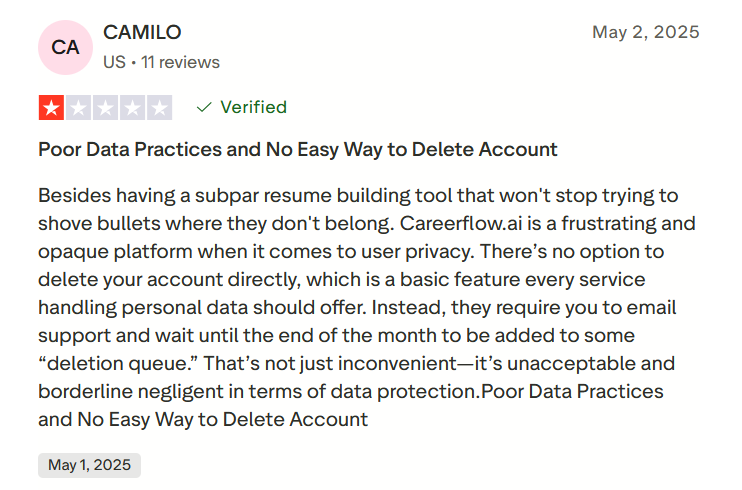 One-star verified Careerflow.ai review from Camilo (US) dated May 2, 2025, titled "Poor Data Practices and No Easy Way to Delete Account," criticizing the resume builder and the lack of a direct account deletion option.