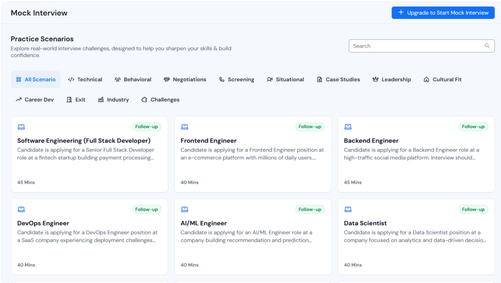 Careerflow mock interview page with practice scenario categories like technical, behavioral, and negotiations, and cards for engineering roles such as full stack, frontend, and backend, each with a duration and an upgrade prompt.