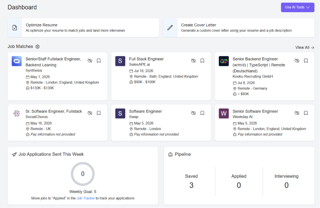 Swooped dashboard showing Optimize Resume and Create Cover Letter tools, a grid of job matches for software engineering roles, a weekly applications goal tracker, and a saved/applied/interviewing pipeline.