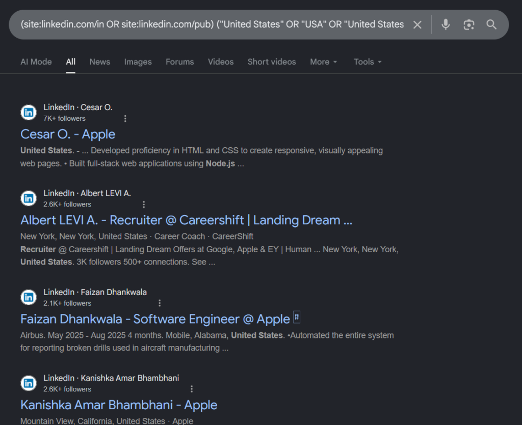 Google search results page showing a LinkedIn X-ray query for US-based profiles, returning several engineer and recruiter profiles including listings tied to Apple.