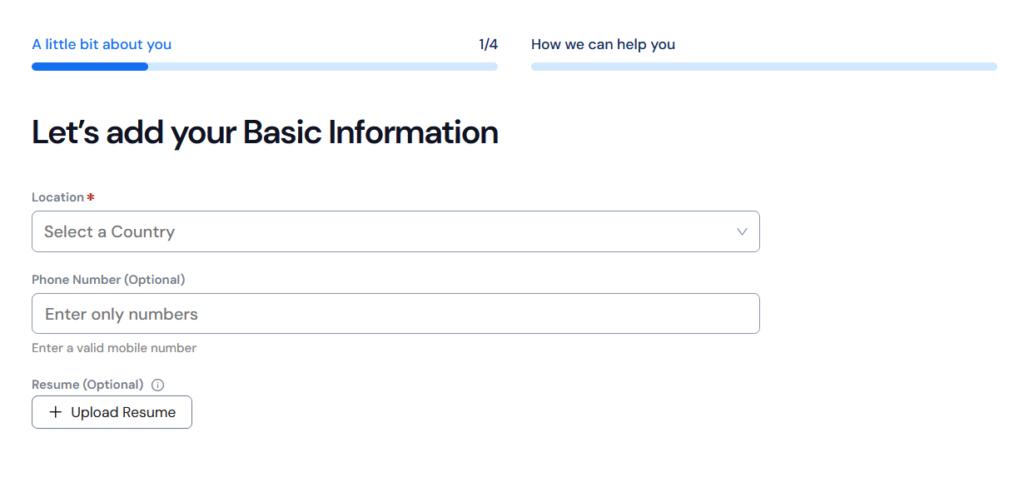 Careerflow onboarding step 1 of 4 collecting basic information, with fields for location, optional phone number, and an optional resume upload.