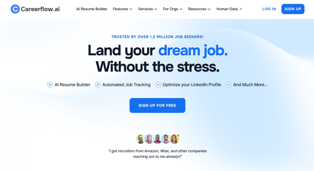 Careerflow.ai homepage with the headline "Land your dream job. Without the stress," a note that it's trusted by over 1.2 million job seekers, feature checkmarks for AI resume builder, job tracking, and LinkedIn optimization, and a sign up for free button.